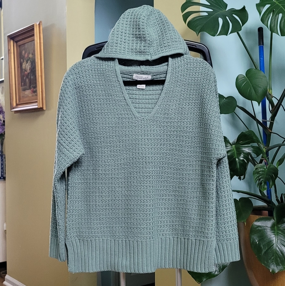 Rachel Zoe Hoodie Womens Pullover Sweater Knit Mint Green V-Neck Size Small